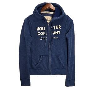 Hollister Womens Logo Thick Graphic Full Zip Hoodie Sz M Blue Preppy Y2K